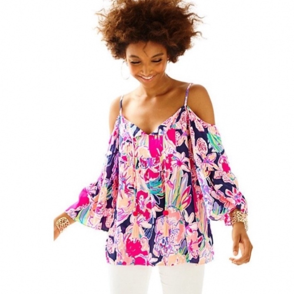 Lilly Pulitzer 26066 Floral Pink Sz XXS Bell Sleeve Tassel Off Shoulder Top
